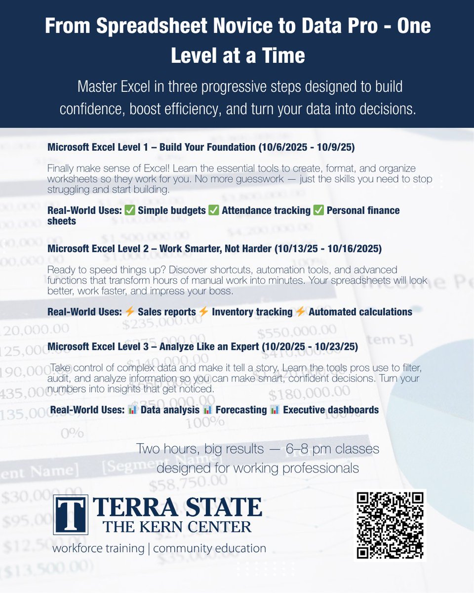TerraCC's tweet image. Upgrade your Excel game — without upending your schedule! 📊

3 levels • 6–8 PM • Hands-on skills you can use the next day.

Level up from basics to pro in just weeks.

#ExcelTraining #CareerSkills #LearnExcel