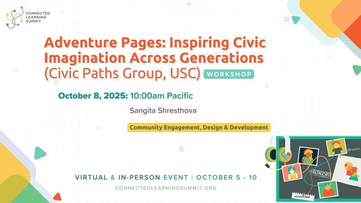 TheCLAlliance's tweet image. Check out Civic Paths Group’s workshop at the Connected Learning Summit on Oct 8 from 10am-12pm PT to experience firsthand how collaboration and imaginative play can inspire collective action through Adventure Pages!

✨Register for #ConnectedLearning2025: connectedlearning.news/CLS2025-Regist…