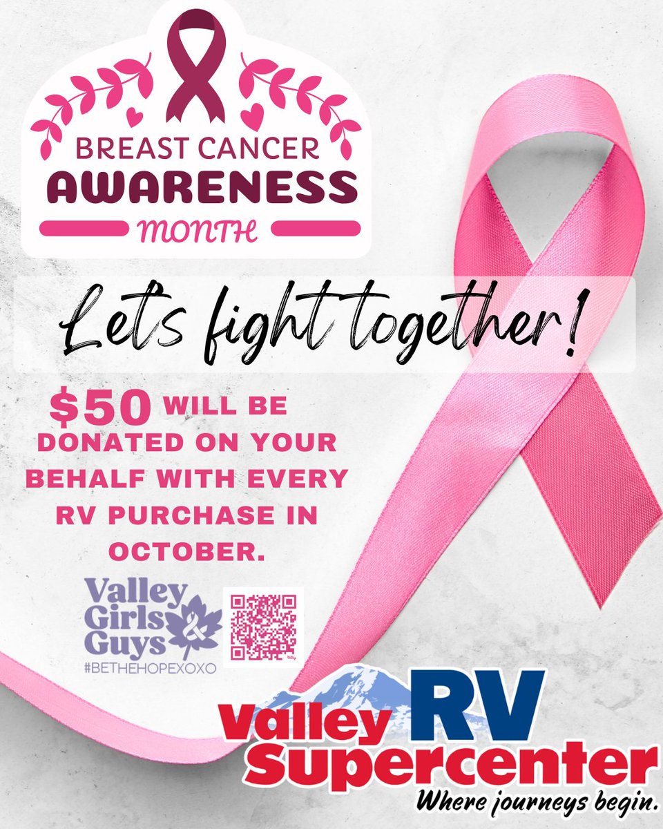 ValleyRVSuper's tweet image. This October, for every RV purchase, we’ll donate $50 on your behalf to support local families and the fight against breast cancer.

Together, we can drive hope forward💗

Shop with us today 👉 bit.ly/4fAozyZ

#LetsJayco #ValleyRVSupercenter #BreastCancerAwareness
