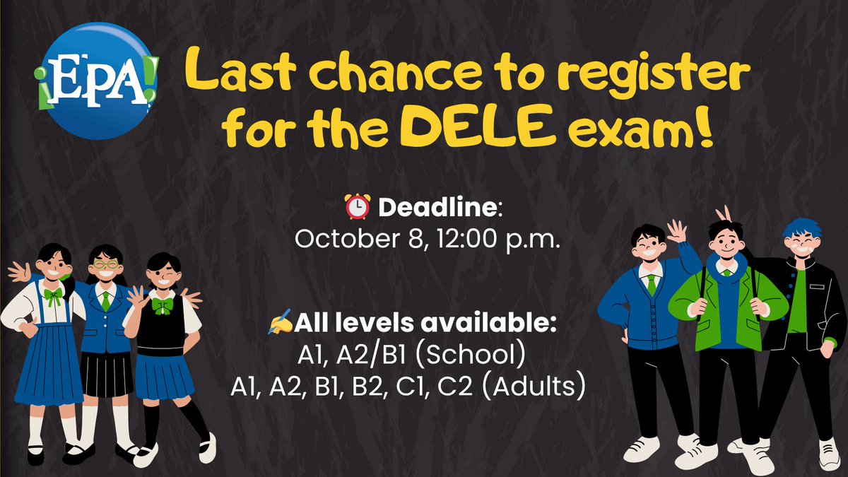 EPAPanama's tweet photo. 🎓 DELE Exam Registration!
🗓 Last day: Oct 8, 2025, 12 PM
🏫 School: A1 &amp; A2/B1 (Exam Nov 21)
👩🎓 Adults: A1–C2 (Exam Nov 22)
📍 Paitilla
💌 Register: info@espanolenpanama.com
 / WhatsApp +507 6983-7420
✨ Prep courses &amp; coaching available! 💪📖 https://t.co/Xy85QHjAvZ