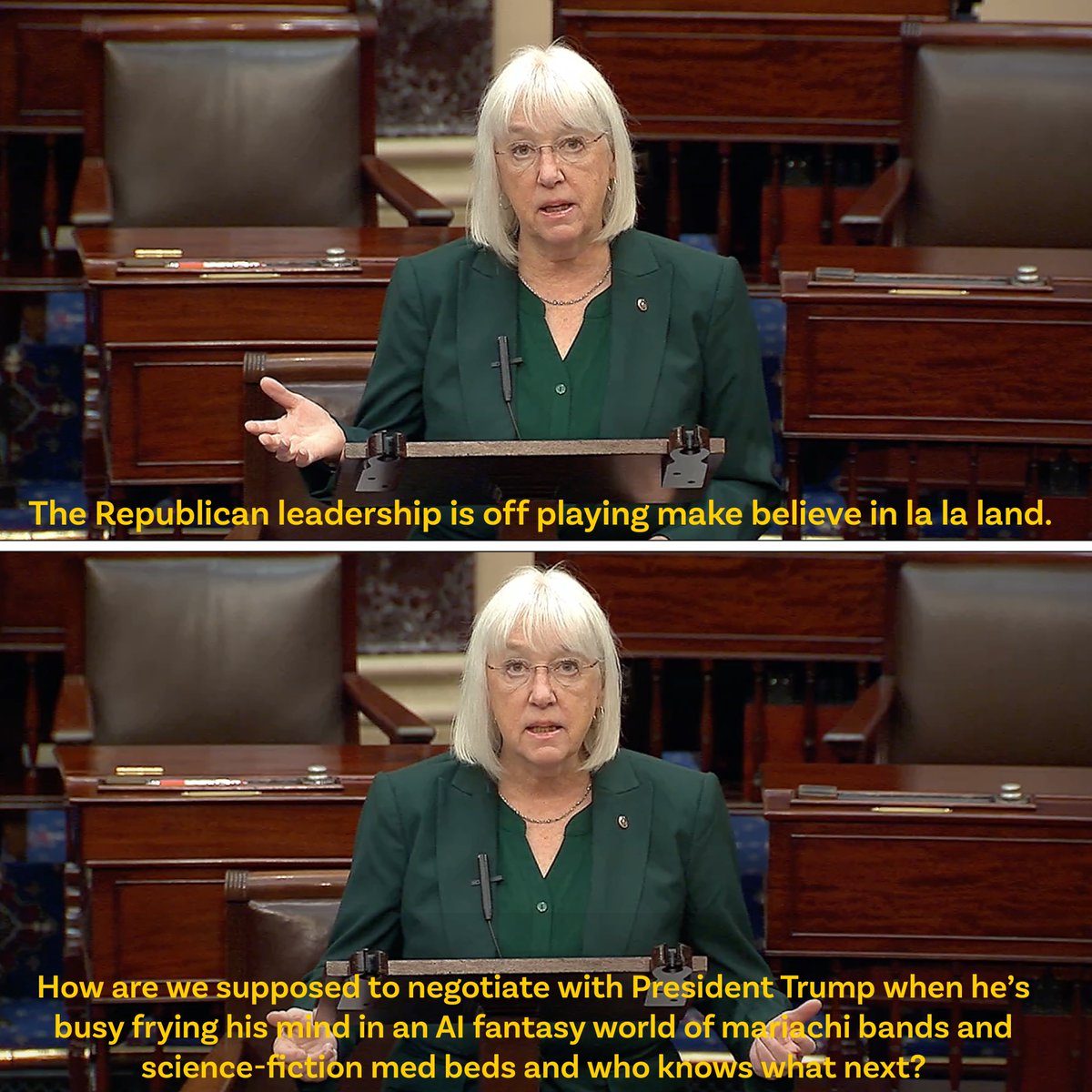 PattyMurray's tweet image. Democrats want Republicans to sit down at the table for a serious negotiation about how to keep health care premiums from more than doubling.

But Trump is too busy frying his brain in an AI fantasy world.