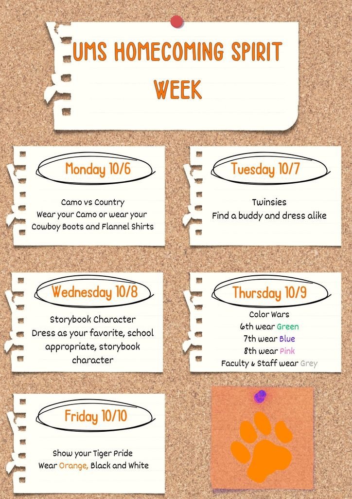 UMS will be joining UHS for their Homecoming Spirit Week, Middle School Style!!  Please make sure all attire stays within dress code and all body paint is applied at home.  Please do not bring paint, masks or toy weapons to school!