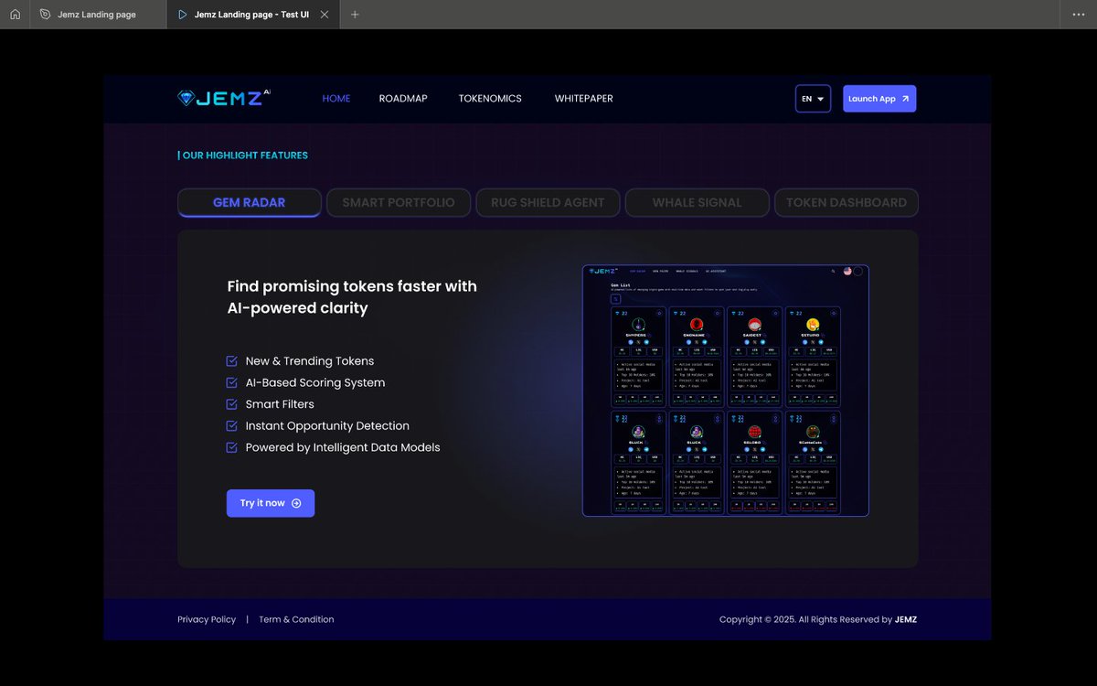 JemzAI_Official's tweet image. Working on the last page for our upcoming production release. 🚀 
Excited to see months of development come together. 
The countdown begins — are you ready? 
#ProductionRelease #Web3Development #CryptoTools #DeFiInnovation #TechLaunch #BUIDL