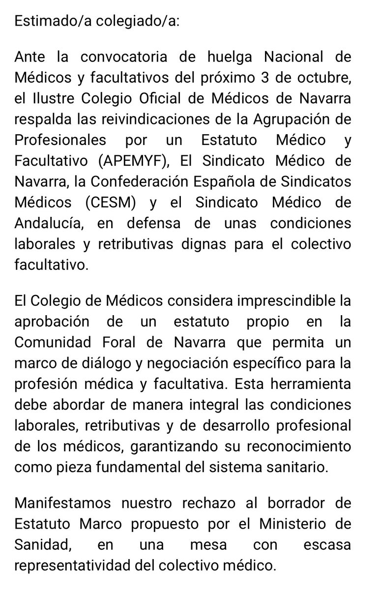 SMedicoNavarra's tweet photo. Apoyo de @MedenaColegio a la huelga del 03/10. 
Una declaración inédita en Navarra que valoramos muy positivamente por ser un cambio ilusionante para los #medicosdenavarra. @APEMYF_2025 @cesm_sindicatos @smandaluz https://t.co/pFjCmVHAj6 https://t.co/rZJ5ividYz