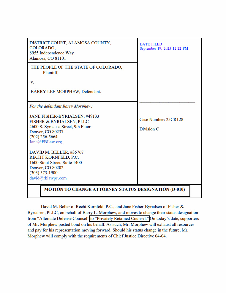 MattBlacInc's tweet photo. @ohiogal18 THE PEOPLE OF THE STATE OF COLORADO, Plaintiff, v. #BARRYMORPHEW, Defendant
aka #LEEMOORE, #BRUCE #LEE
MOTION TO CHANGE ATTORNEY STATUS DESIGNATION (D-010)
https://t.co/biK1xRsXBw https://t.co/NwoJaAgxdT