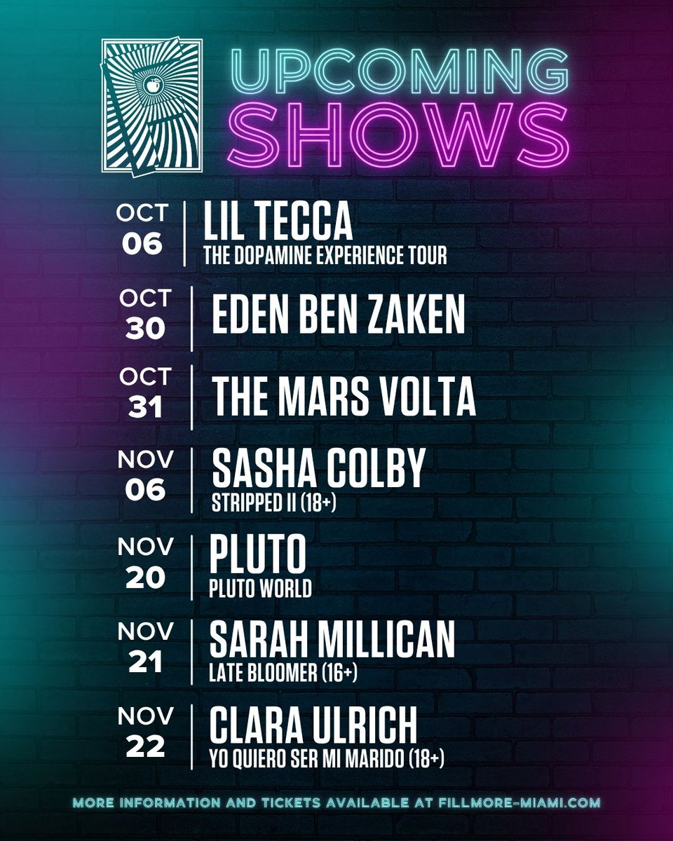 From rap to rock, comedy to queens, and more 🎤🤘✨ See what's coming up at #TheFillmoreMB and don’t miss a beat!

📆 View our full lineup and grab tickets: livemu.sc/4mK5yvV