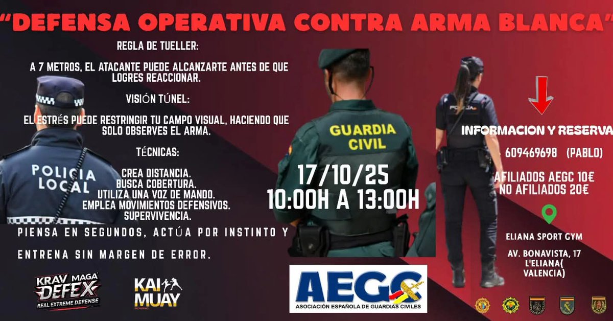 Curso de Defensa Operativa Contra Arma Blanca.

Día 17/10/25, 10:00 a 13:00, Eliana Sport Gym, L'Eliana, Valencia.

Fórmate con los mejores <a href="/AEGCFormacion/">AEGC Formación</a>
@kravmagadefex 
#GuardiaCivil #GC #AEGC #OrgullososDeSerGuardiasCiviles #KravMagaDefex #LiderEnFormacion #ProfesionDeRiesgoYa