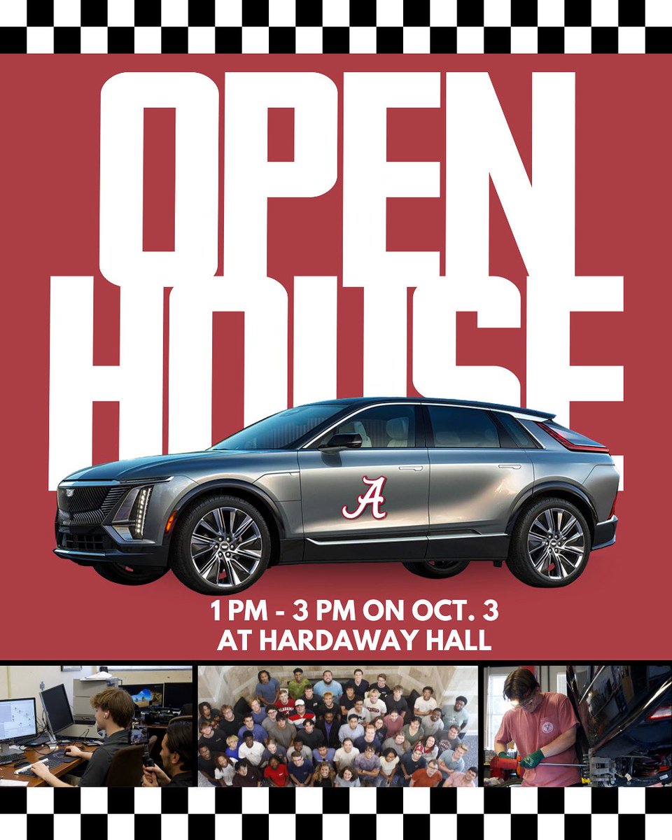 UAEcoCAR's tweet image. 🏁 Pit stop at Hardaway Hall! 🏁

 EcoCAR is opening the garage doors for an Open House on October 3 from 1–3 PM. Come meet the team, check out the Cadillac LYRIQ, and see what it takes to engineer the future of mobility!

#UAEcoCAR #EcoCAREVChallenge #BamaEngineering #OpenHouse