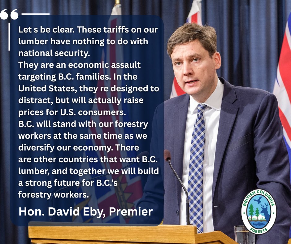 Our lumber faces higher duties than Russian lumber. Think about that.

Calling our softwood a “national security risk” is absurd, hurting communities on both sides of the border.

We’ll keep fighting these unfair tariffs and standing up for workers.

Link: news.gov.bc.ca/32851