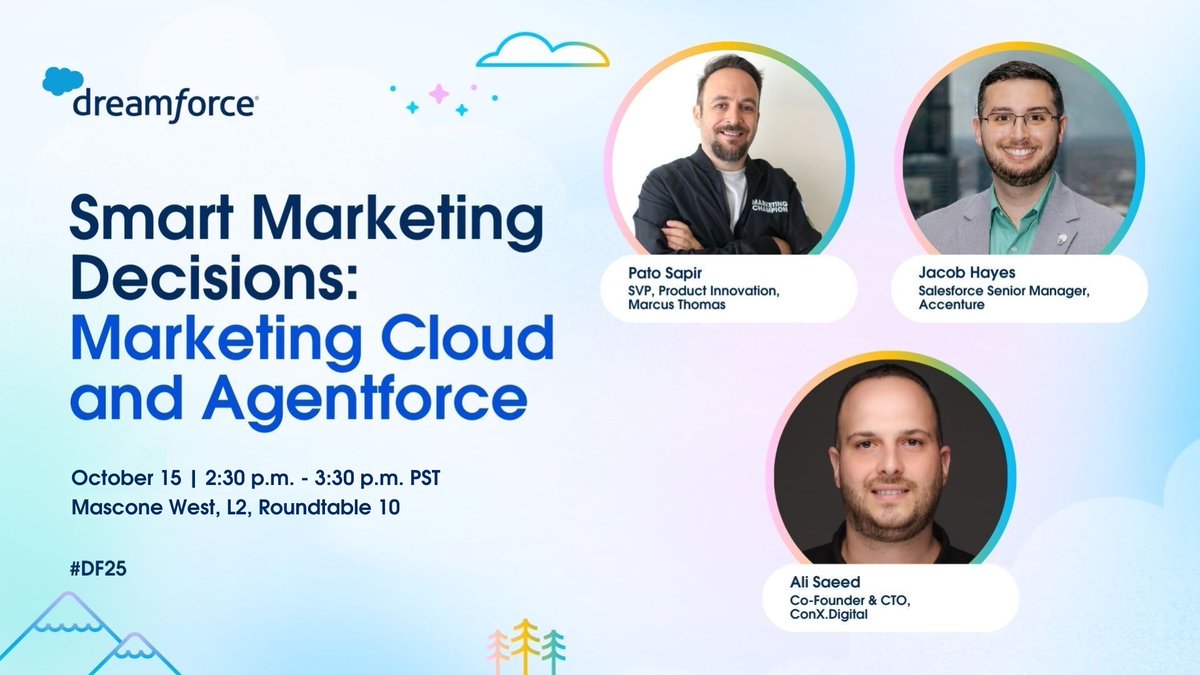Ready to see #AgenticMarketing🤖in action at #DF25? Join <a href="/patosapir/">Patricio Sapir</a>, Jacob Hayes &amp; Ali Saeed for: Smart Marketing Decisions: #MarketingCloud + #Agentforce
⚡️ Unlock AI Agent Power
🎯 Smarter Marketing
🚀 Bigger Impact
🗓️ Oct 15  2:30 PM
➡️ tinyurl.com/yt7duhhb
Don’t miss it!