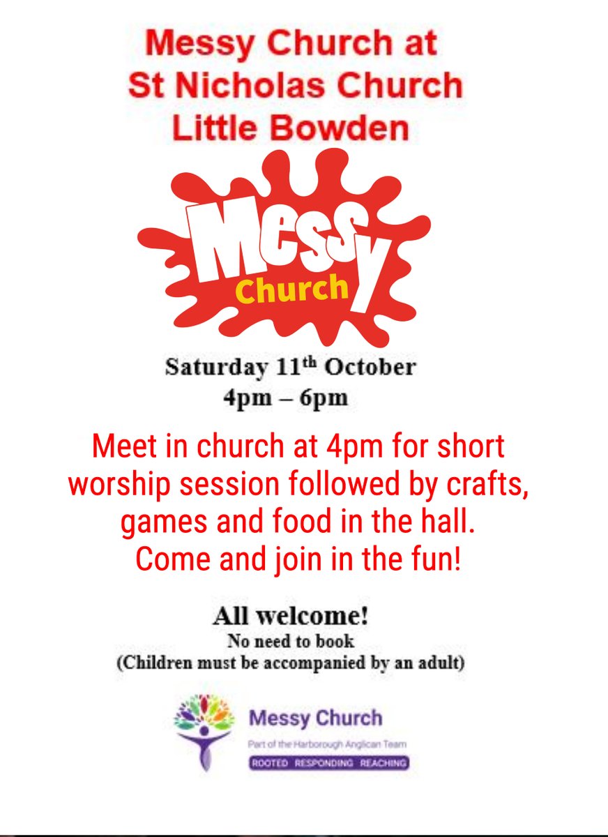 Join us for Messy Church Saturday 11th October 4-6pm at St Nicholas No need to book
Children must be accompanied by an adult
#Harborough #church #fun #families #messychurch <a href="/LittleBowdenPTA/">Little Bowden PTFA</a> <a href="/GtBowdenBells/">Great Bowden Bells</a> <a href="/HilsCorcoran/">Hils Corcoran</a> <a href="/AllHarborough/">AllThingsHarborough</a> <a href="/WhatsonHFM/">WhatsonHFM</a> <a href="/hfmnews/">HFM News</a> <a href="/HarbMail/">Harborough Mail</a>