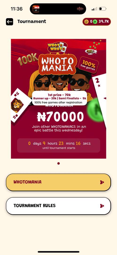 Whoto Whoto champions league begins at 9pm today. 70k for the winner, tournament games are FREE. Money for semi-finalists.

Imagine playing for free and winning money 😂