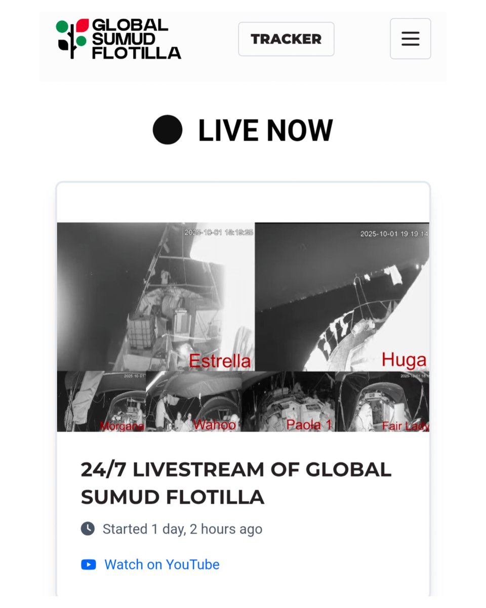 👀 Keep your eyes on the Global Sumud Flotilla livestream tonight on YouTube. This is the night — will the flotilla reach Gaza or be intercepted? Stay tuned, your visibility is protection