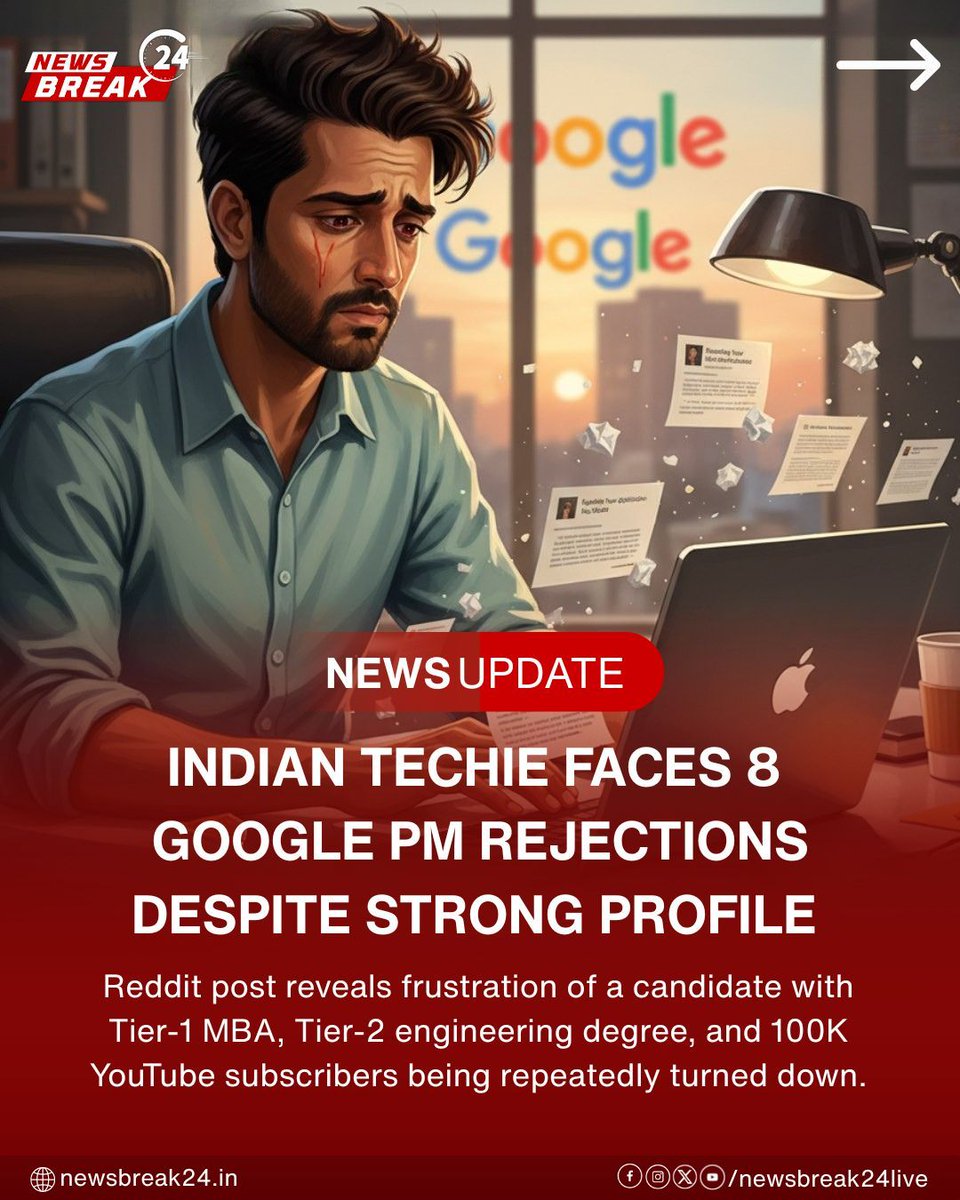 NewsBreak24Live's tweet image. Indian techie vents on Reddit after 8 Google rejections despite a Tier 1 MBA, Tier 2 engineering degree &amp;amp; 100K YouTube subscribers. 
.
.
.
.
#GoogleJobs #TechieLife #BigTech #JobStruggles #CareerTalk #MBA #YouTubeCreator #TechCareers #JobHunt #Trending