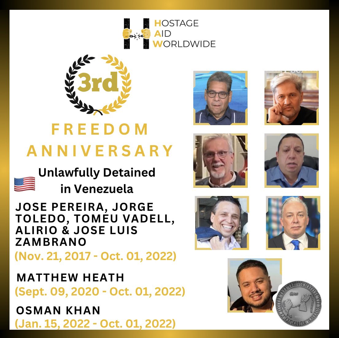 Today marks the 3rd freedom anniversary of 🇺🇸 Jose Pereira, Jorge Toledo, Tomeu Vadell, Alirio &amp; Jose Luis Zambrano, Osman Khan, &amp; Matthew Heath from unlawful detention in #Venezuela.
We are grateful for their safe return &amp; inspired by their strength &amp; compassion as they continue