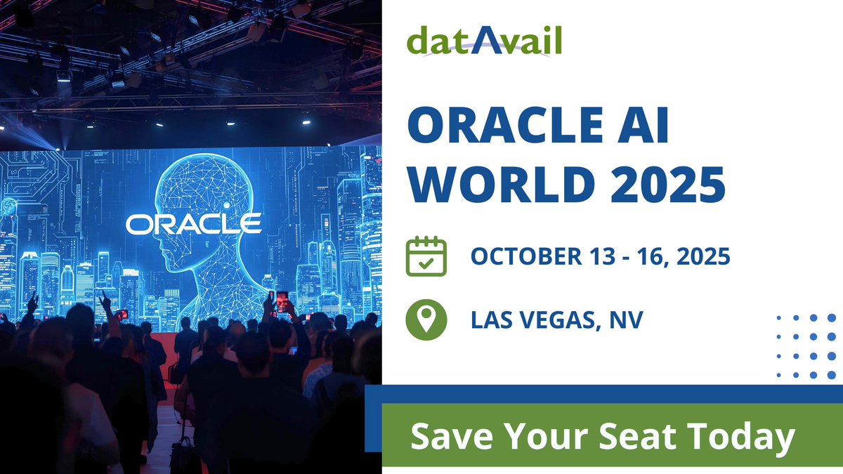datavail's tweet image. Join us at #OracleAIWorld 2025, Oct 13–16 in Las Vegas! Explore the future of #cloud + #AI with #Oracle experts. Datavail will share strategies to modernize, optimize & transform your Oracle environment. Book a 1:1: datavail.com/events/datavai…
#OraclePartner #OracleEvents