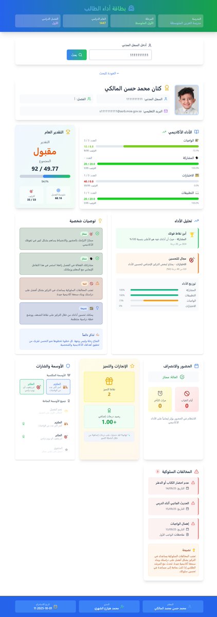 M0HM3D85's tweet image. 🌟 طورت واجهة بطاقة أداء الطالب بشكل أكبر ✨
أصبحت أكثر وضوحًا، ألوانًا، وجاذبية لعرض المستوى الدراسي للطالب بطريقة حديثة وممتعة 📊
🔗 جربوا بأنفسكم:
 m0hm3d85-1m.netlify.app

👤 بيانات طالب وهمي للتجربة:
السجل المدني: 1111111111
ستجدون:
✅ التقدير العام
✅ الأداء الأكاديمي
✅…