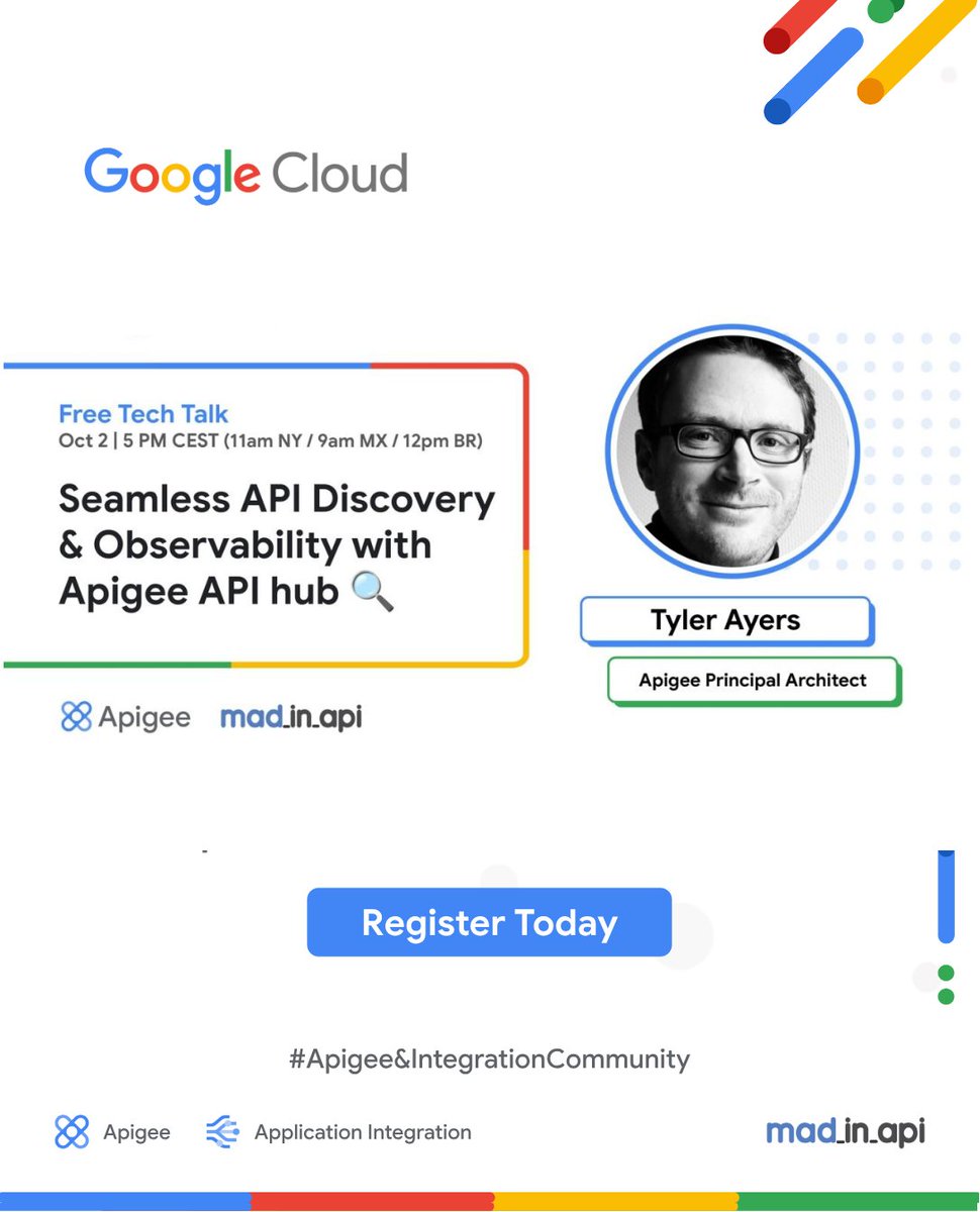 mad_in_api's tweet photo. 🚨TOMORROW!-Can you see all your APIs?
Shadow APIs are a real risk — let’s fix that.

🔍Seamless API Discovery &amp; Observability
🗓️Oct 2 | 5PM CEST / 11AM NYC
🎙️Tyler Ayers, Principal Architect @GoogleCloud
🔗RSVP → https://t.co/Sq76C3b81H
#Apigee #GoogleCloud #mad_in_api #APIHub https://t.co/NNzmtFhRiY