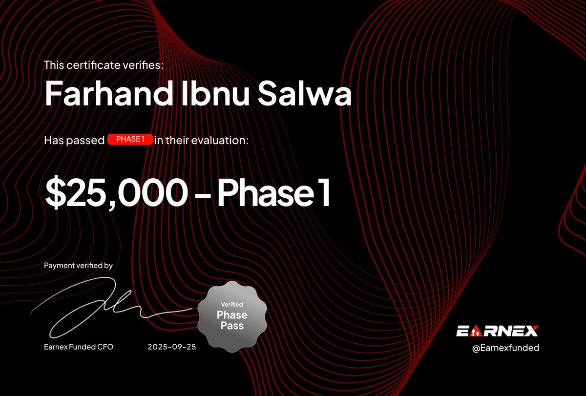ffhinsl_'s tweet photo. Grateful to announce that I’ve successfully completed both evaluation phases and officially reached the funded stage with @Earnexfunded.

This journey taught me discipline, patience, and consistency *the real keys in trading.

Big thanks to @earnexfunded
#TradingWithEarnex https://t.co/s2GW4f8kAD