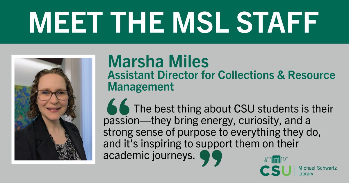 Meet Marsha Miles, Assistant Director for Collections &amp; Resource Management at MSL!

📚 12 years at CSU
✨ Leads Special Collections, Archives, &amp; digital projects like Cleveland Memory
🍨 Loves Mitchell’s Ice Cream
☕ Tea over coffee!

#MeetTheStaff #CSULibrary