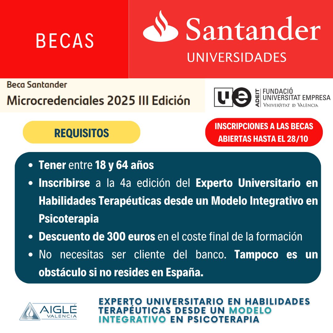 aiglevalencia's tweet photo. #Becas para la realización del #Experto Universitario en Habilidades Terapéuticas desde un Modelo #Integrativo en #Psicoterapia
✅ Alumnos residentes en España y fuera
✅ Hasta 300 euros de descuento en matrícula 
✅ Inscripciones hasta el 28/10
Más información: https://t.co/T4gMxgSv53