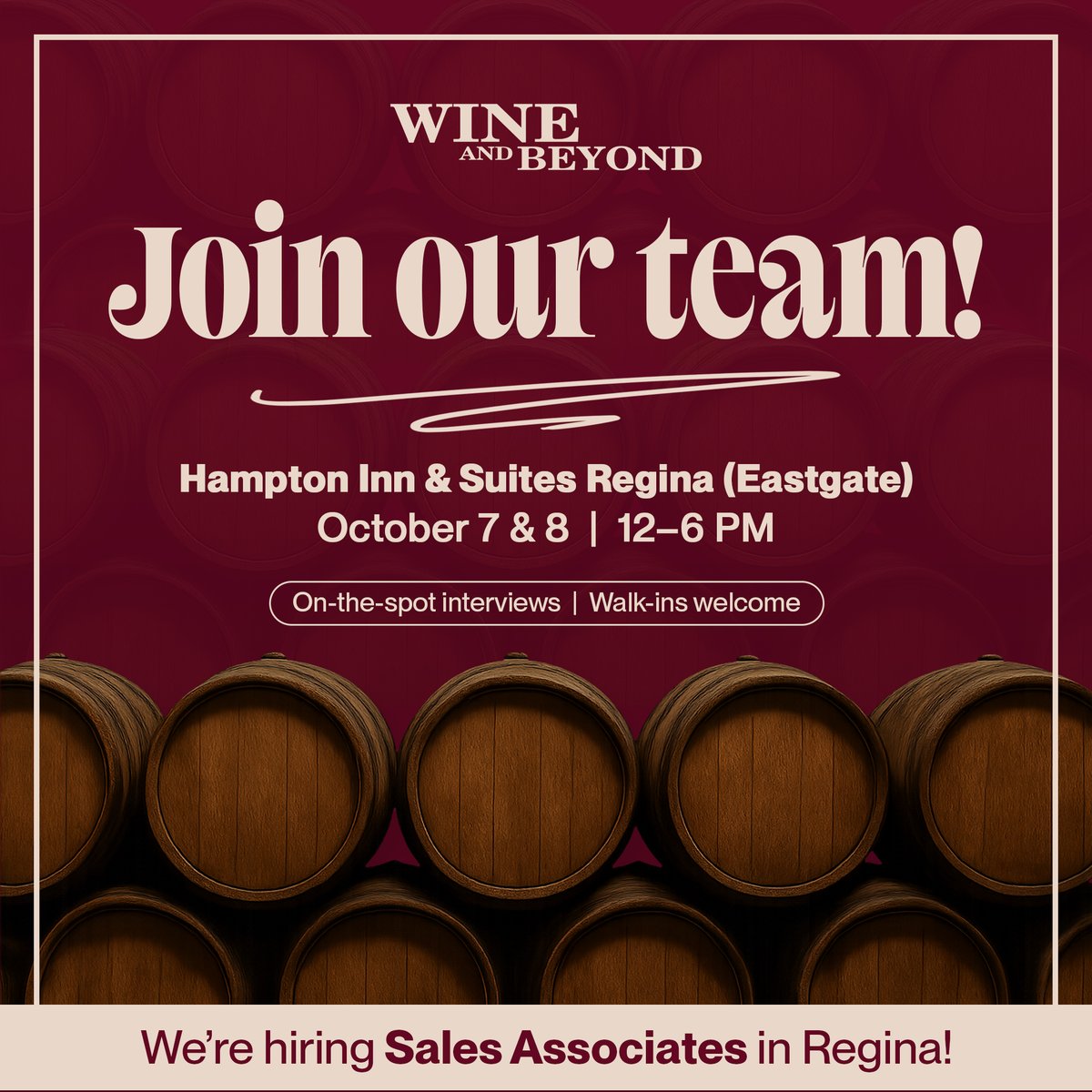 We’re hiring Sales Associates in Regina! Join us at the Hampton Inn &amp; Suites Regina (Eastgate) on Oct 7 &amp; 8 from 12–6 PM. Walk-ins welcome and interviews will be scheduled on the spot. Your next opportunity starts here! 📍 3830 Eastgate Dr, Regina, SK S4Z 1A5
