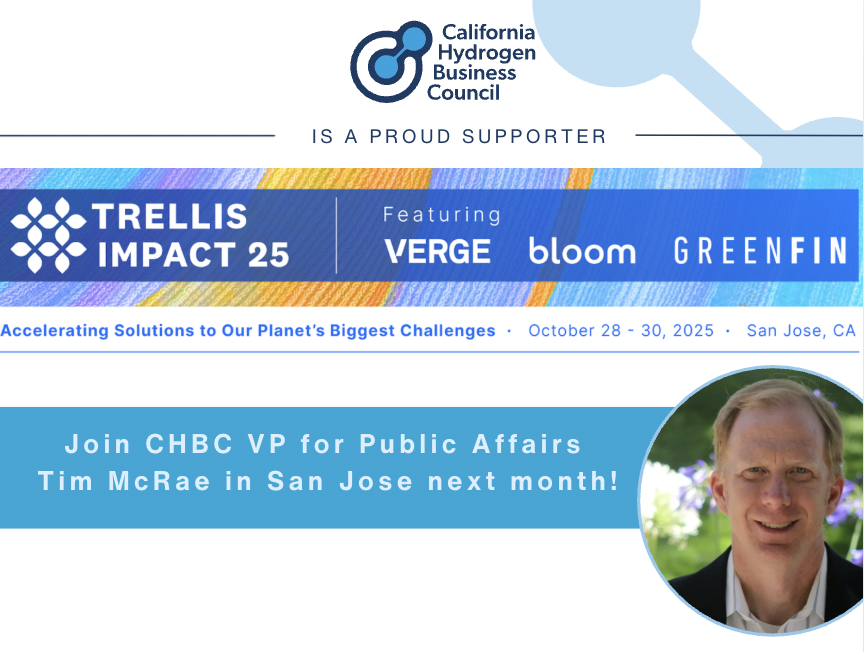 CHBC VP for Public Affairs Tim McRae will speak at #VERGE2025, part of #TrellisImpact by @TrellisGroup_. He’ll join other industry experts to share lessons from #hydrogen projects driving the #cleanenergy transition.

🔗Register: trellis.net/events/verge/?…

#CaliforniaHydrogen