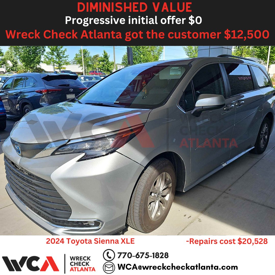 WreckCheckAtl's tweet photo. 2024 Toyota Sienna XLE 🚗, 4k miles, first accident, $20,528 in damages. Progressive didn’t offer DV 😳 We stepped in → negotiated $12,500 for diminished value! 💥 #DiminishedValue #InsuranceWin #ProgressiveInsurance #caraccident #insuranceclaimhelp #insuranceclaims https://t.co/MpdqgULfQ2
