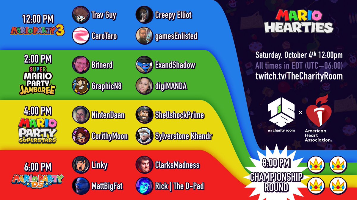 The #MarioHearties tournament begins Saturday October 4th @ 12pm EST!

Find out WHO will competing in WHICH games at WHAT times NOW!

twitch.tv/TheCharityRoom