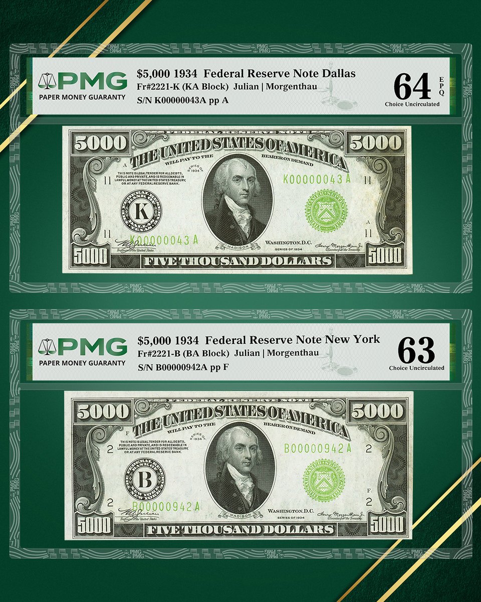 PMGnotes's tweet image. Bidding is already over $100,000 for each of these rare $5,000 Federal Reserve Notes. They are among more than 1,600 PMG-certified US notes in a @‌HeritageAuction sale this month. Learn more: PMGnotes.com/news/article/1… #numismatics #papermoney