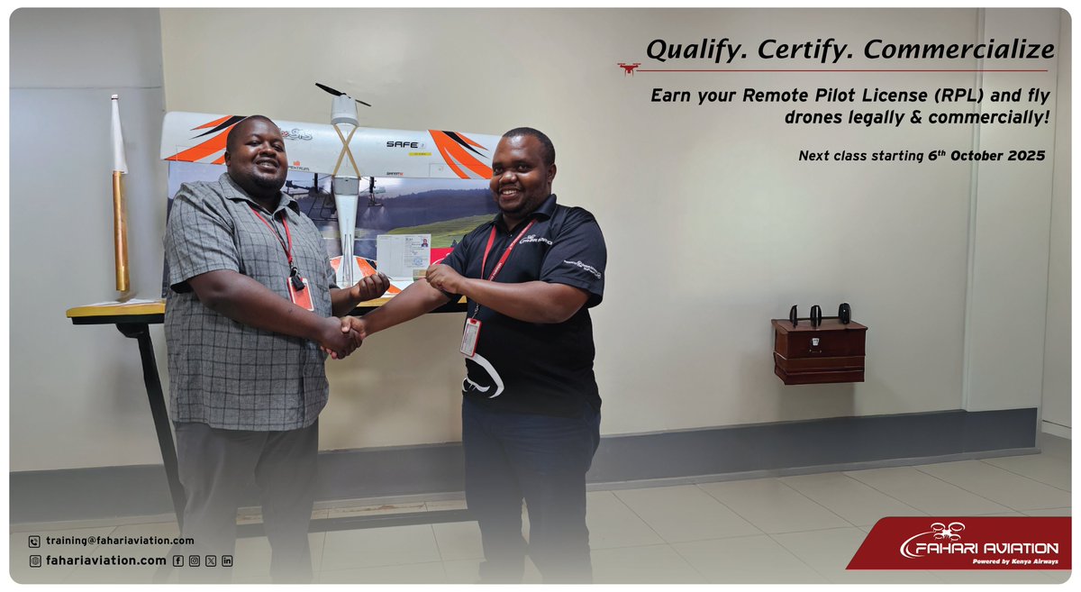 Email us at training@fahariaviaiton.com or call +254725646832 to sign up and for more information.

#DroneTraining #CareerDevelopment #Technology