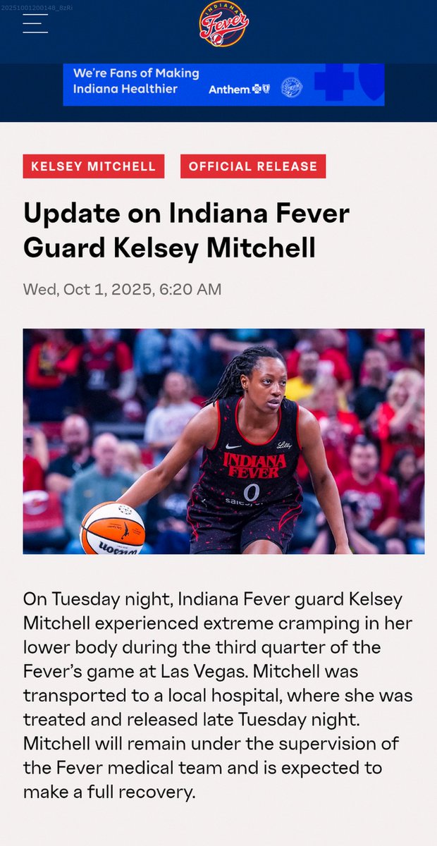 Update: Kelsey Mitchell had severe lower-body cramping in the 3rd quarter in Las Vegas. She was taken to a local hospital, treated and released late Tuesday night. She’ll remain under Fever medical team care. 🙏
