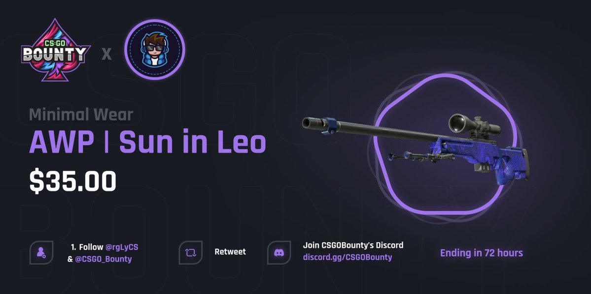 rgLyCS's tweet image. 🎁$35 AWP | SUN IN LEO💜
‼️CSGO BOUNTY LAUCH COMING SOON!
To enter:
✅Retweet & Like,
✅Follow: @rgLyCS, @csgo_bounty,
✅Tag a friend,
✅Join Discord (show proof): discord.com/invite/csgobou….
🍀Good Luck!
⏰Ends in 72 hours!
#CS2 #CS2Giveaway
