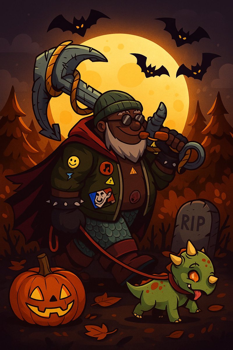 dzpa54's tweet photo. 🚀🎃 @boogas is ready for #BOOgtober!
This Halloween he became a Graveyard Wanderer – a pipe-smoking anchor warrior with a baby dino sidekick, under the full moon with pumpkins and bats. 🌕🦇🪦
#Halloween #Booga https://t.co/fVAY28kBaj