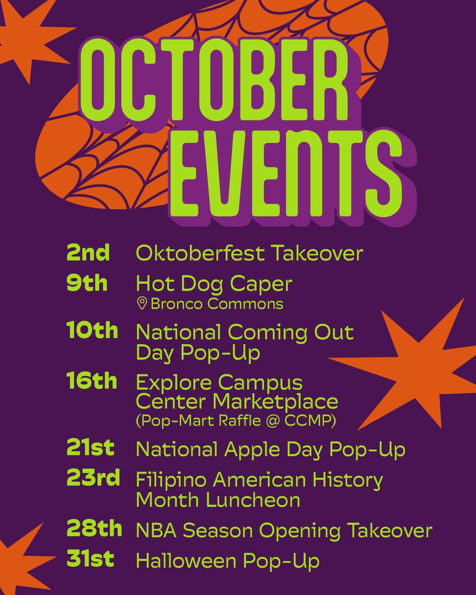 cppdining's tweet image. October is looking delicious, Broncos! 😋 Join us for themed lunches all month long from 11:30 AM – 1:30 PM. 🗓️
👉 Events without a location are hosted at Centerpointe.🍴