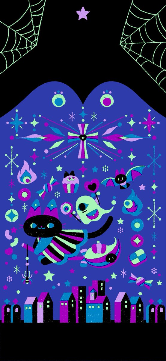 RetroMARIN's tweet photo. 10月の壁紙イラスト作りました〜

ハロウィンは描いてていつも
楽しい気分になるから好きだな〜
普段と違う浮き足立ってる雰囲気だし
非日常感ってなんか特別でいいよね

#ロック画面　#壁紙 https://t.co/vYSwZEesHG