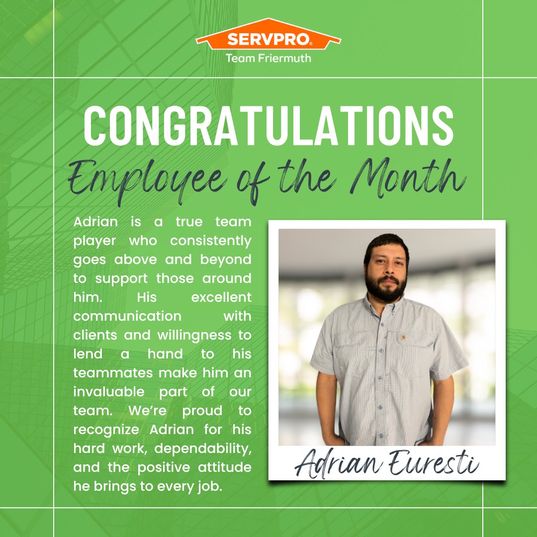 Congratulations to our Employee of the Month, Adrian Euresti! Adrian continually goes above and beyond to support his team and deliver outstanding service to our clients. We’re proud to have him on Team Friermuth!