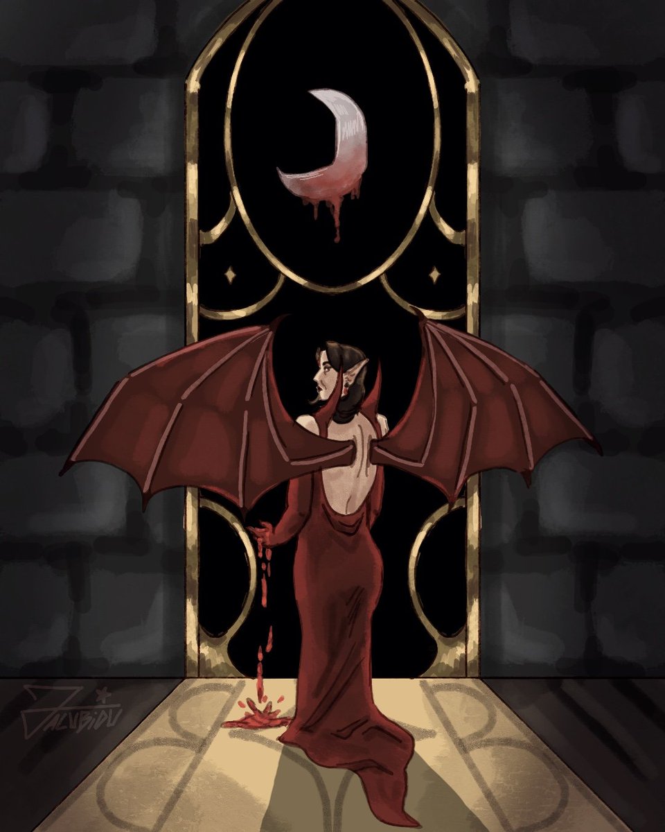 Day 1: Mid-night walk.
Astoria has her hands covered in blood, she's queen of nothing, but she pretends to and when the night comes, she travels through her castle. What is she doing in the shadows?

Oc-tober 2025 by <a href="/karolushek/">Karol</a>

#Oc_tober2025 #inktober #OC #vampire