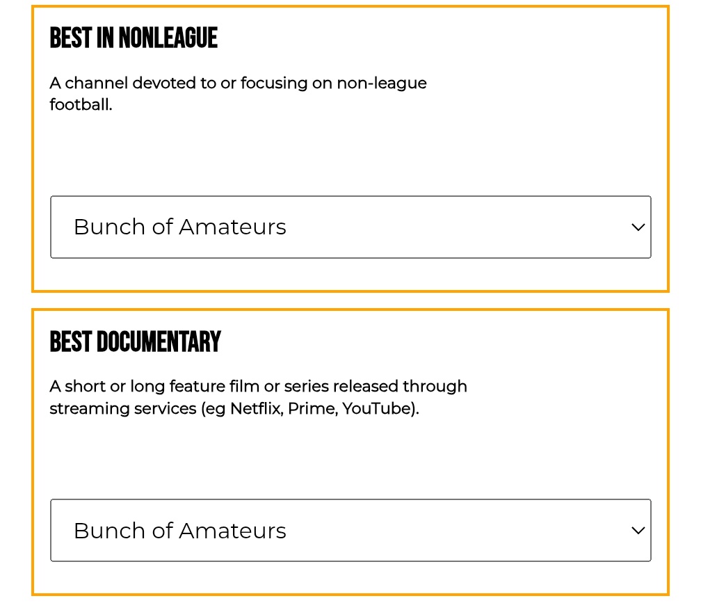 <a href="/bunch_amateurs/">BunchOfAmateurs</a> <a href="/The_FCAs/">Football Content Awards</a> Like this folks...