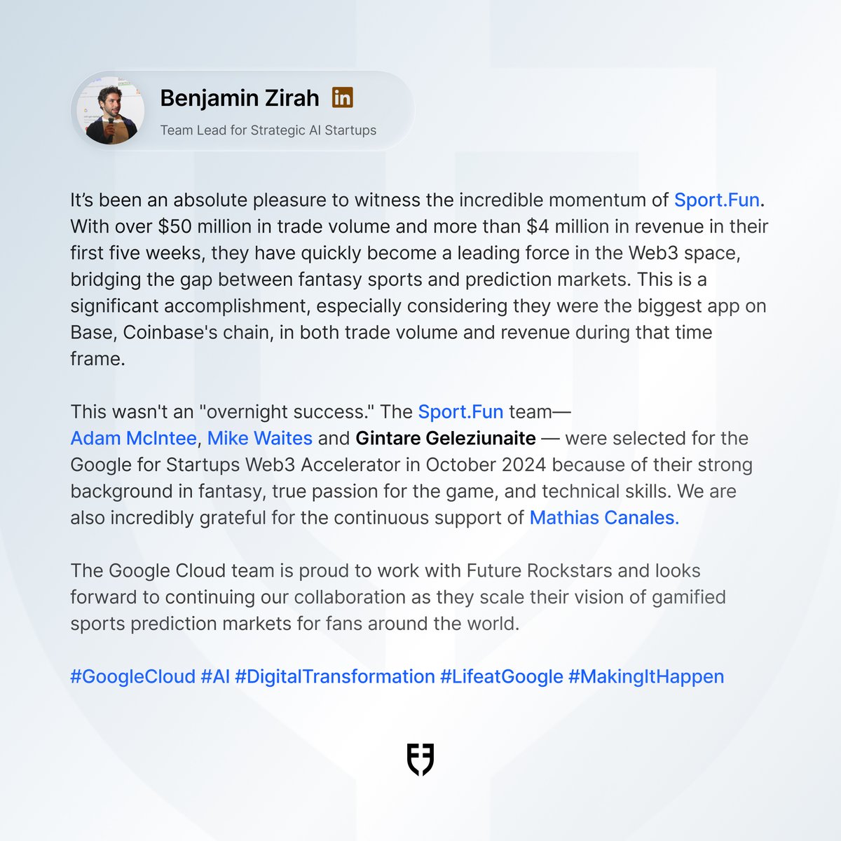 sportfun's tweet photo. We’ve been spotlighted as one of the standout apps from Google’s Web3 Startup Accelerator!

We joined their programme in October 2024 when we were just starting out, and we're grateful for their continued support as we build for sports fans around the world. https://t.co/K2vWttW2Cc