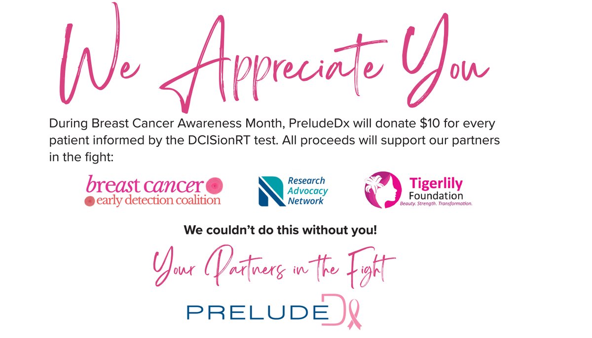 During Breast Cancer Awareness Month, PreludeDx will donate $10 for every DCISionRT test—to raise $10,000 for advocacy and awareness. Proceeds will go to the Tigerlily FDN, the Breast Cancer Early Detection Coalition, and the Research Advocacy Network. bit.ly/46wLhoN