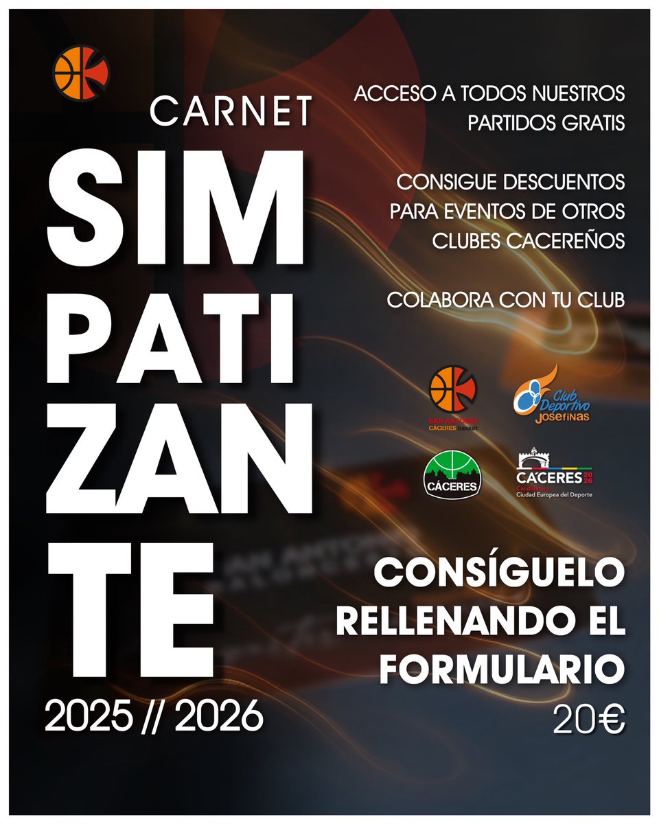 Ya está AQUÍ 🫣

Ya tenemos disponible nuestro carnet de SIMPATIZANTE para que lo podáis obtener 🤭

Esta año nuestro carnet tiene MÁS VENTAJAS Y DESCUENTOS en otros clubes cacereños👏

Rellena este formulario para conseguir el tuyo ⬇️

forms.gle/p8e9SEFS7TEjsC…

<a href="/Caceres_Basket/">CacerEsBasket</a>