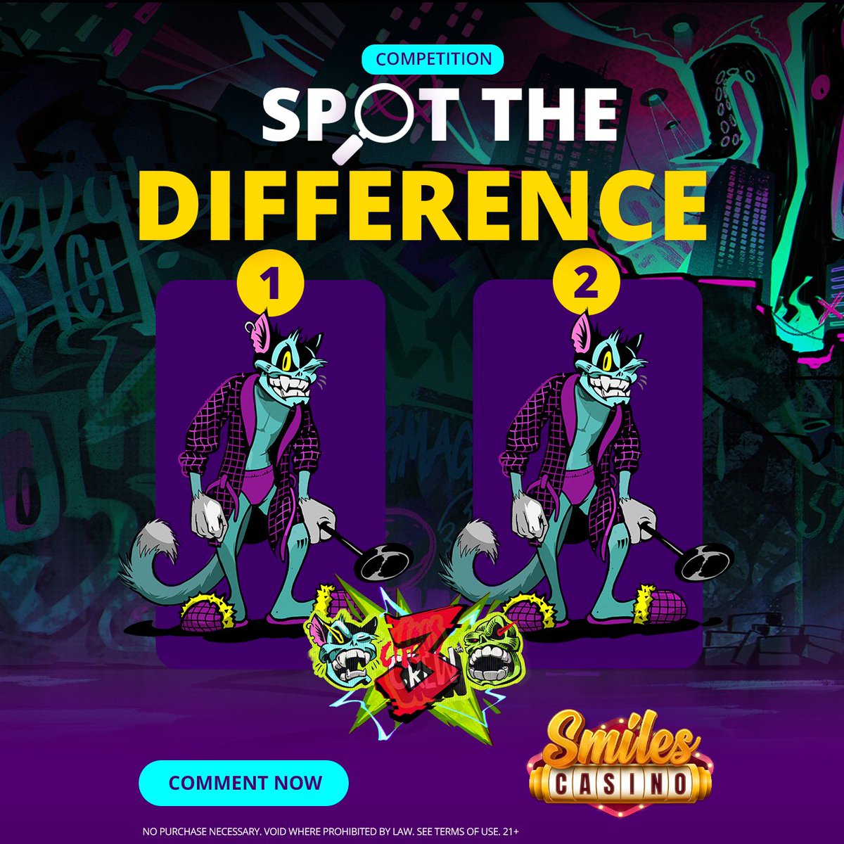 Spot the Difference! 👀✨
Chaos Crew 3 is back — Cranky Cat, Sketchy Skull &amp; Glitch Dog are causing mayhem 🐾

See what’s off in these snapshots and comment below! 👇

🎁 8 winners get 10,000 GC + 1 SC
⏰ Ends Oct 3

#SmilesCasino