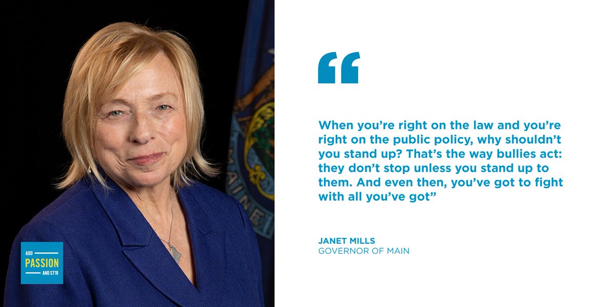 Maine <a href="/GovJanetMills/">Governor Janet Mills</a> shares how she is protecting the rights and benefits of Mainers statewide by standing up to the bullies threatening our health, food, and housing benefits. Listen to #AddPassionAndStir now at: bit.ly/3INhMGd