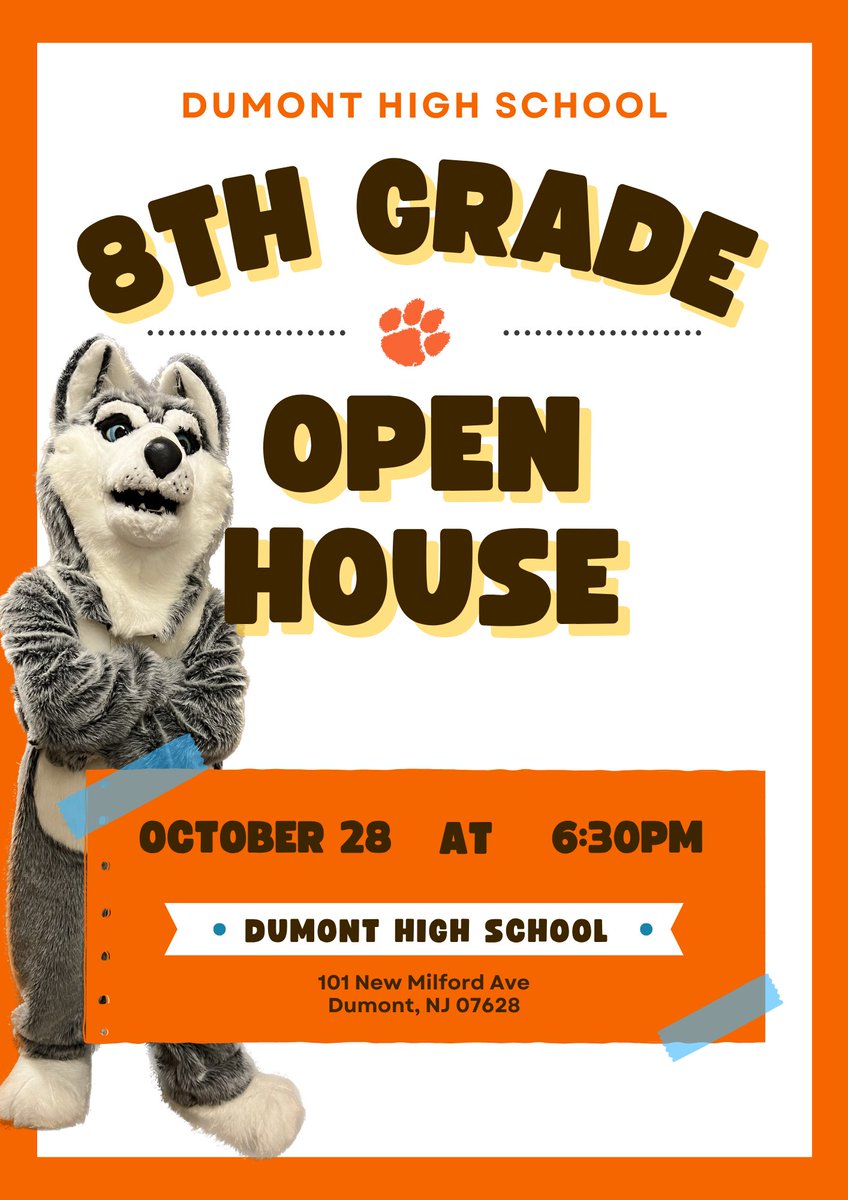 🎉 Exciting News! DHS is hosting an 8th grade open house on Oct. 28! 🌟 All Dumont 8th grade parents &amp; students are invited to discover all the amazing opportunities at DHS! Don’t miss out! #DHSOpenHouse #DumontSchools