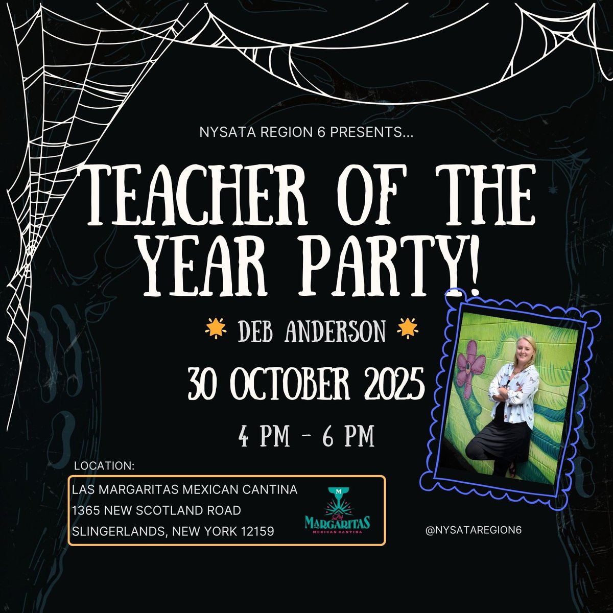 Party Time!! Come celebrate this year's Teacher of the Year, Deb Anderson, and enjoy some good food at Las Margaritas in Slingerlands, NY!

COSTUMES ARE INCOURAGED! 

 RSVP at the link in our bio! 

forms.gle/bSmusx8yt9GdsL…