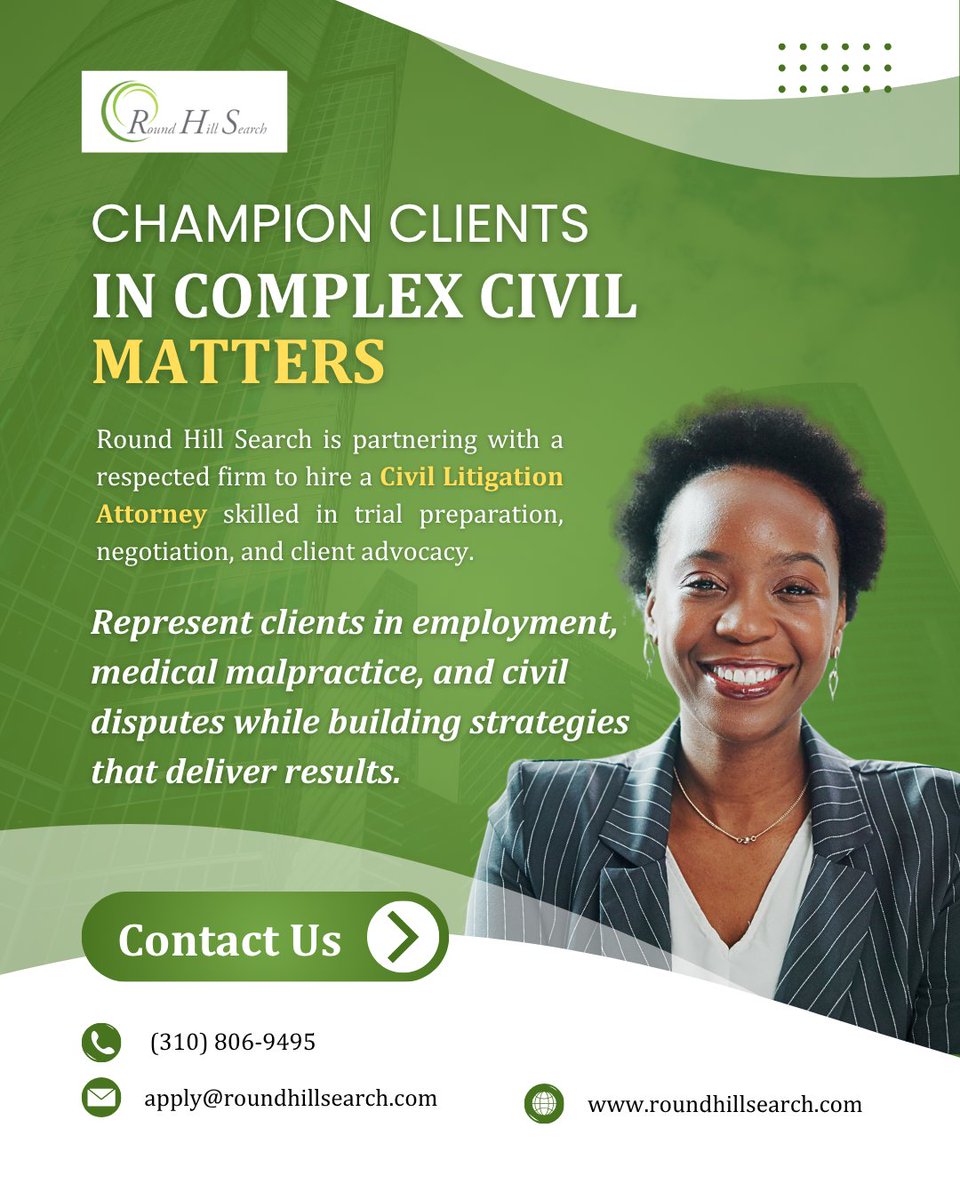 RoundHillSearch's tweet image. 💼 Seeking a Civil Litigation Attorney to handle cases from consult to trial. Deliver top client service &amp;amp; strong results in civil disputes. 🏆✨

🔗 Apply: tinyurl.com/2abp5u8k

#CivilLaw #RoundHillSearch #LitigationAttorney #LegalJobs #LosAngelesLaw