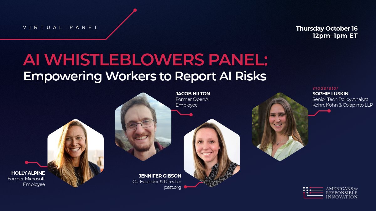 "If you see something, say something" shouldn't risk your career.  

REGISTER NOW for a virtual panel on AI whistleblower protections with <a href="/JacobHHilton/">Jacob Hilton</a>, <a href="/HollyAlpine/">Holly Alpine</a>, <a href="/jennifermgibson/">Jennifer Gibson</a> (<a href="/psst_org/">Psst.org</a>), and Sophie Luskin from <a href="/KKCWhistleblow/">Kohn, Kohn & Colapinto</a>.

zoom.us/webinar/regist…