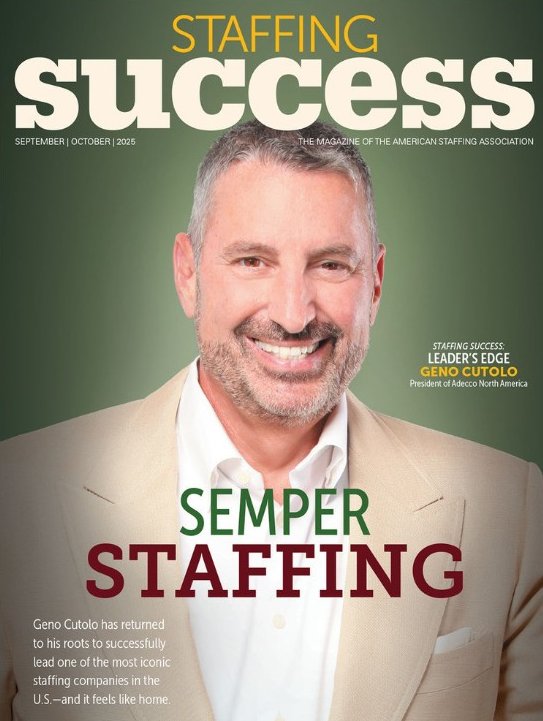 StaffingTweets's tweet image. In our Sept.-Oct. issue of #StaffingSuccess magazine cover story, Adecco NA's Geno Cutolo shares his lessons for growth in the #staffing, what's in store for the #futureofwork, and the "sacred responsibility" that comes with connecting people with careers. americanstaffing.net/posts/2025/09/…