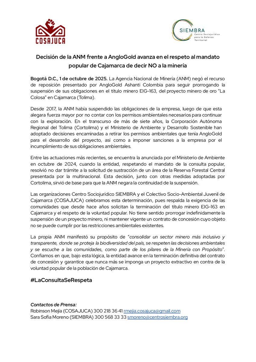 La <a href="/ANMColombia/">AgenciaNaldeMinería</a> negó el recurso de AngloGold para seguir prorrogando la suspensión del título minero EIG-163 en Cajamarca, Tolima. Desde SIEMBRA y <a href="/Cosajuca/">Colectivo Cosajuca</a> celebramos esta decisión, que respalda la voluntad popular del municipio de decir NO a la minería🌱✊ 

Comunicado aquí ⬇️